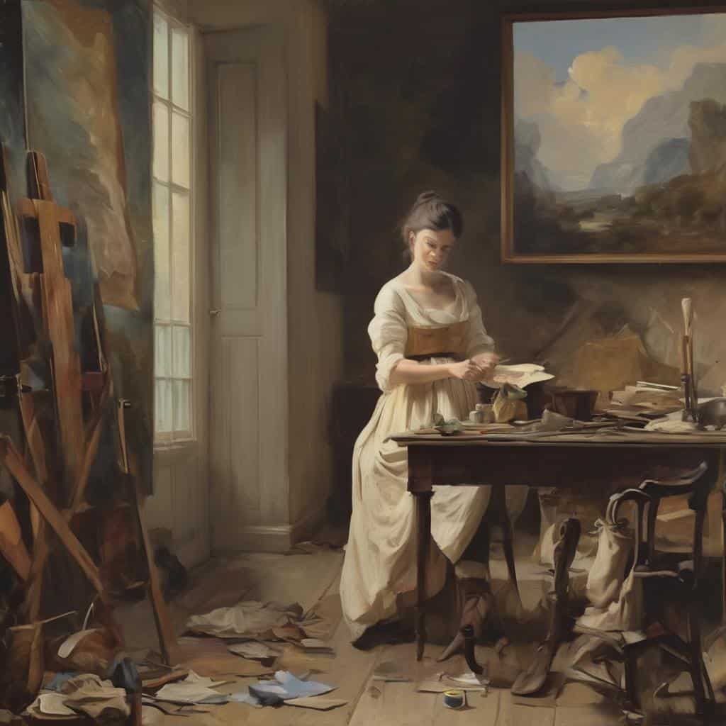 Ανύπανδρη γυναίκα ζωγραφίζει σε στούντιο με έργα τέχνης και καμβάδες.