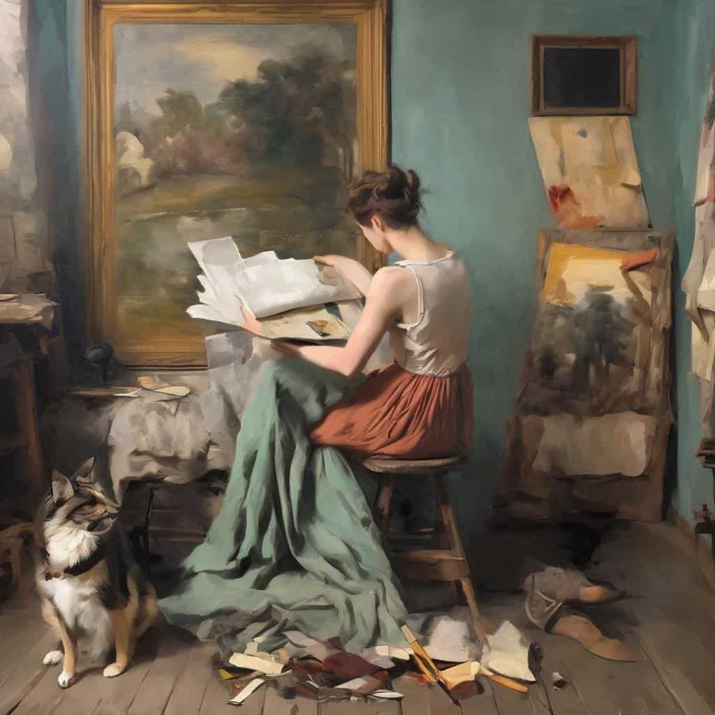 Φωτογραφία μιας καλλιτέχνη που δημιουργεί πίνακα σε αρχαία στούντιο ζωγραφικής.