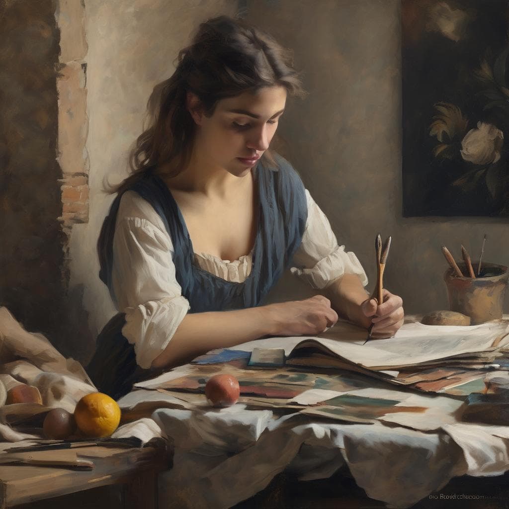 Χαρακτηριστικό πίνακα ζωγραφικής με καλλιτέχνιδα που δημιουργεί σε στούντιο τέχνης.