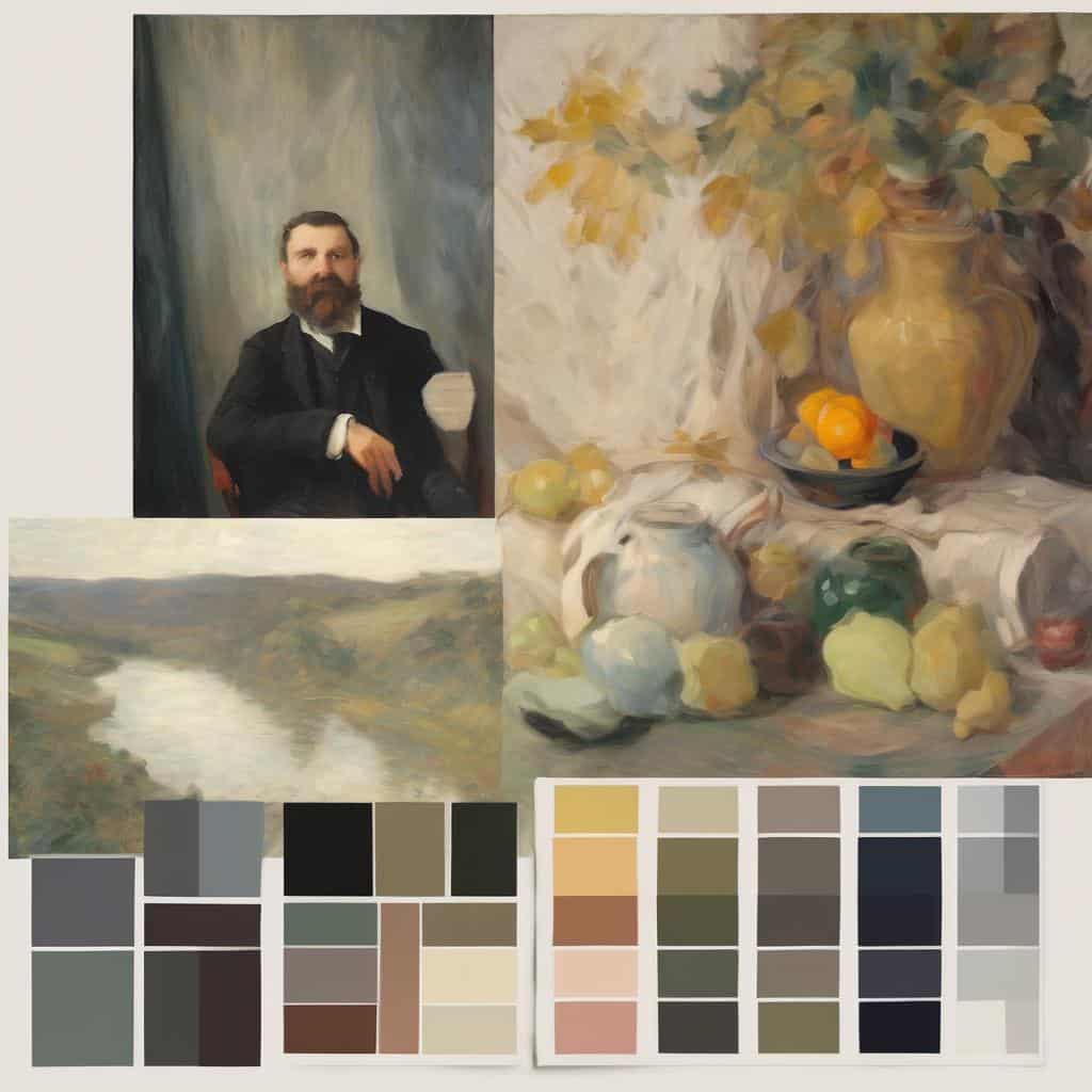 Καλλιτέχνες που διαμόρφωσαν την εικαστική τέχνη, πορτρέτο ζωγράφου και still life με φρούτα και κεραμικά, παλέτες χρωμάτων.