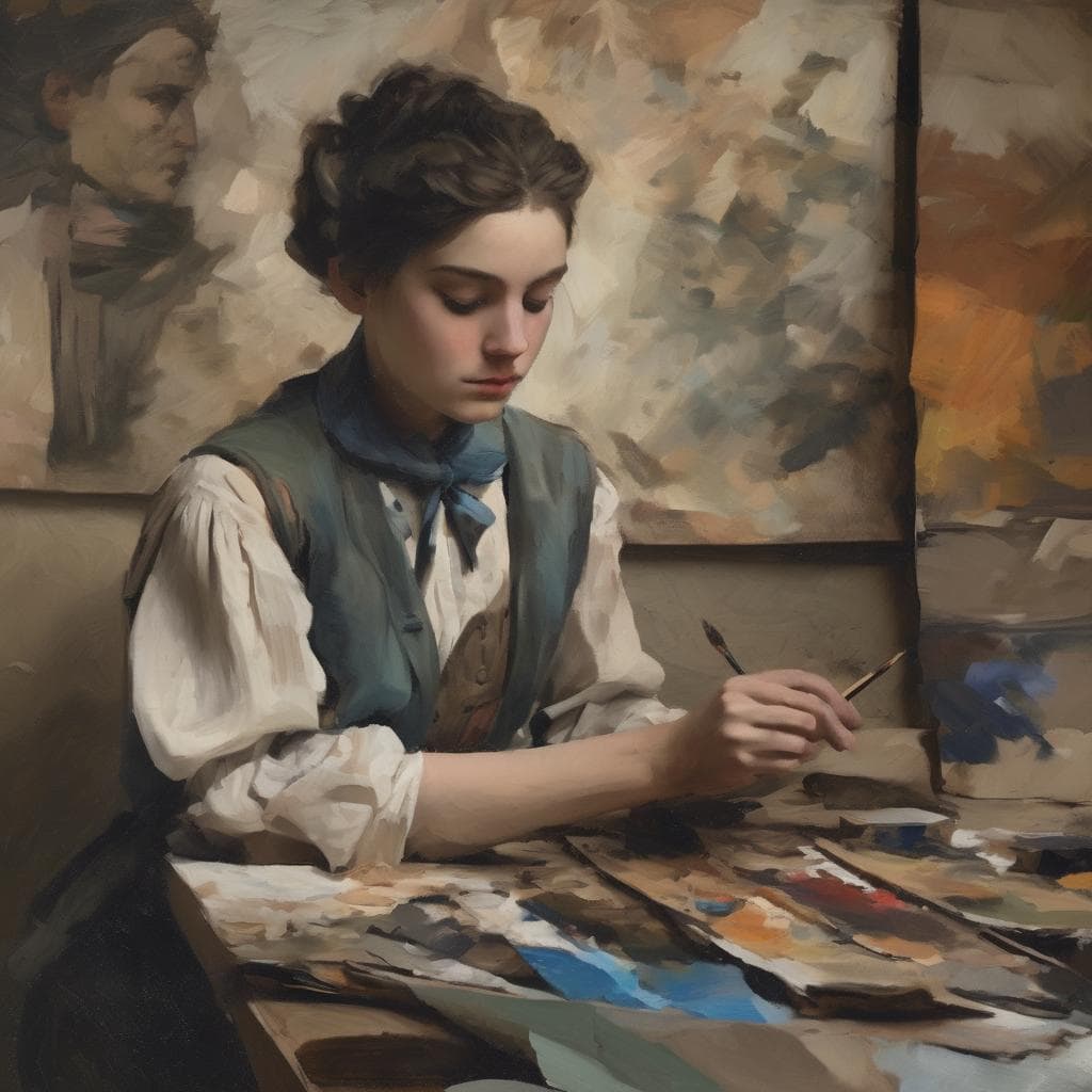 Αντιγραφή από πίνακα ζωγραφικής με νεαρή γυναίκα ζωγράφο σε στούντιο τέχνης.