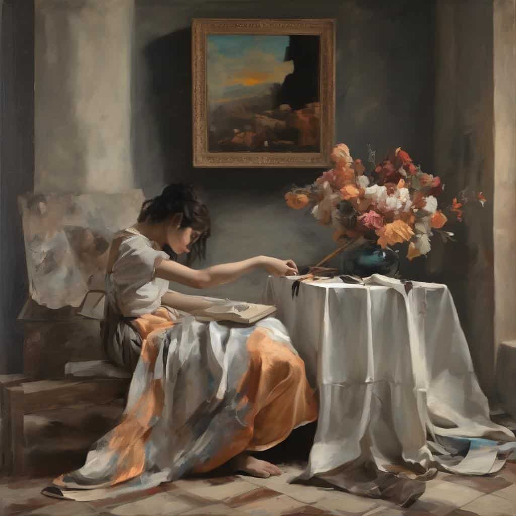 Παιδί κορίτσι ζωγραφίζει σε καμβά, παλιά εικόνα με άνθη και πίνακα ζωγραφικής, διαμόρφωση εικαστικής τέχνης.